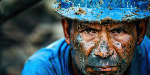 A construction worker using a blue hardhat, his face streaked with dirt and sweat, as he repairs a section of highway after an accidental truck spill.