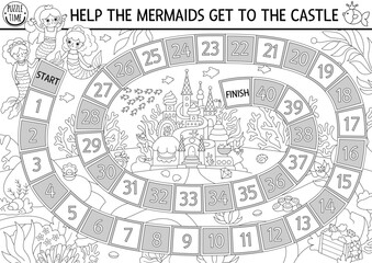 Mermaid black and white dice board game for children with cute sea princess and castle. Marine line boardgame with fish.  Fairytale ocean kingdom printable activity, worksheet, coloring page