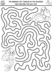 Mermaid black and white maze for kids shaped as seaweeds. Marine printable activity. Fairytale ocean kingdom labyrinth game, puzzle or coloring page. Water life worksheet with princess