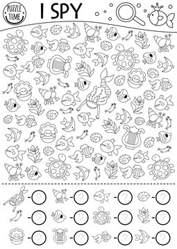 Mermaid black and white I spy game for kids. Searching, counting line activity with harp, turtle, seashell. Fairytale ocean kingdom line printable worksheet for children. Marine spotting puzzle