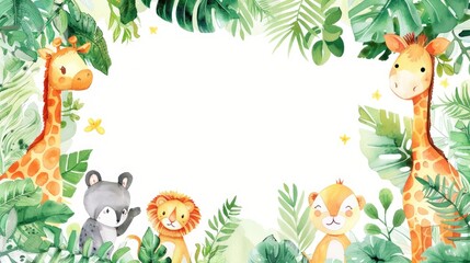 Obraz premium Cute watercolor frame with adorable animals and vibrant plants, offering a whimsical backdrop for your message