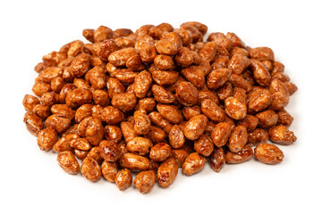 Tasty sweet roasted peanuts isolated on a white background.