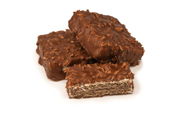 Chocolate coconut wafer bar isolated on white background.