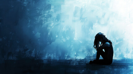 Depression Awareness Month. Mental Health Disorder. Exhausted Depressed Female touching Forehead. Stressed Woman Silhouette. Depression Psychology inside her Head. Horizontal banner. Copy space