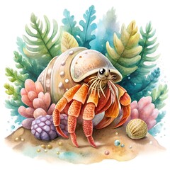 Hermit crab Surrounded by sea anemones. ai generative image.