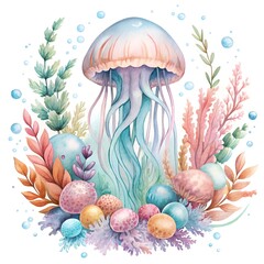 Jellyfish Surrounded by sea anemones. ai generative image.