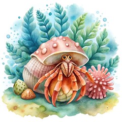 Hermit crab Surrounded by sea anemones. ai generative image.