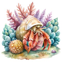 Hermit crab Surrounded by sea anemones. ai generative image.