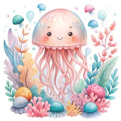 Jellyfish Surrounded by sea anemones. ai generative image.