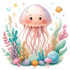Jellyfish Surrounded by sea anemones. ai generative image.