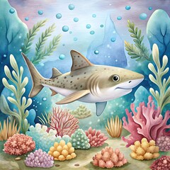 Shark Surrounded by sea anemones. ai generative image.