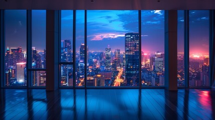 Fototapeta premium Minimalist interior of a tall building with an expansive view of the illuminated city skyline at night through large windows