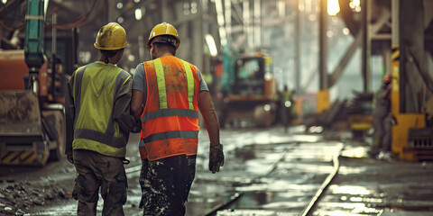 A workplace injury involving heavy machinery: A worker in a hardhat and reflective vest is helped off the factory floor by a co-worker, his arm in a sling