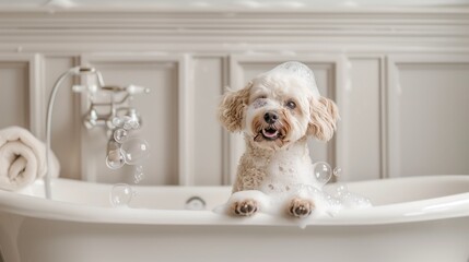 Adorable white cockapoo dog in a white tub with bubbles. Playful fluffy pet enjoying a bubble bath