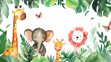 Naklejka premium Cute watercolor frame with charming animals and vibrant plants, providing a whimsical backdrop for your message.