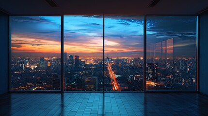 Spacious room with bare walls, featuring a panoramic city view at night through a wide window, city lights glowing in the distance