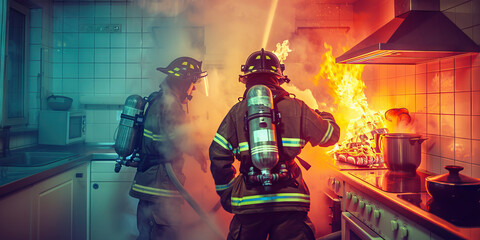 Firefighters work together to extinguish a small kitchen fire, their movements synchronized and efficient. 