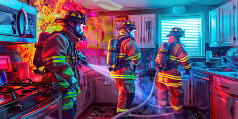 Obraz premium Firefighters work together to extinguish a small kitchen fire, their movements synchronized and efficient. 