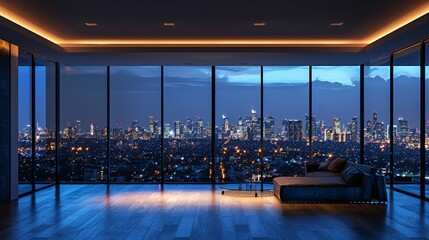 Fototapeta premium Spacious room with bare walls, featuring a panoramic city view at night through a wide window, city lights glowing in the distance