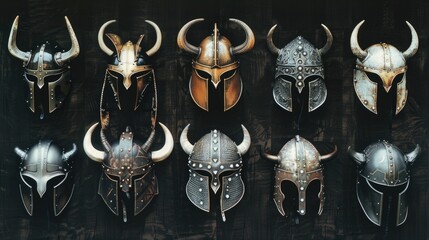 A collection of Viking helmets hang on a stone wall, ready for battle or display