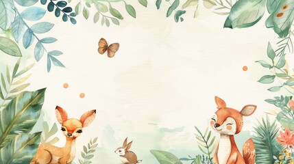 Obraz premium Cute watercolor frame with plants and animals, perfect for any message.