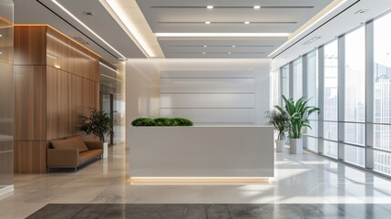 A modern lobby featuring a large plant in the center, ideal for office or commercial spaces