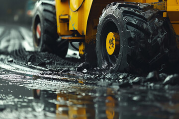 Heavy road equipment repairing the road and laying fresh asphalt, showcasing modern construction and infrastructure maintenance. The scene highlights the machinery, workers, and process involved in ro