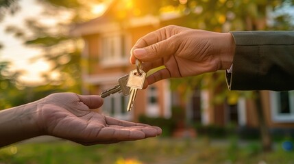 Real Estate Agent Handing Keys to Excited New Homeowner During Sunset in Vibrant Neighborhood