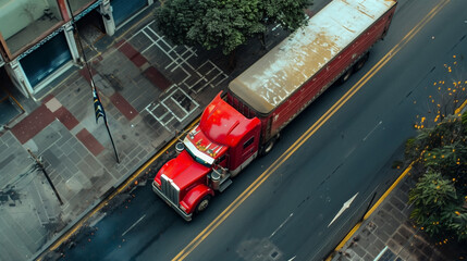 Naklejka premium Red Truck on City Street from Above