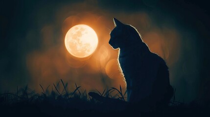 Cat on Halloween night close up, focus on, copy space silhouette with spooky background, Double exposure silhouette with haunting feel