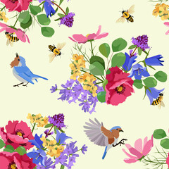 Excellent seamless pattern with poppies, campanula, lavender, birds and bees. For decoration textile, packaging. Vector illustration.