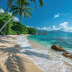 Beautiful tropical beach with clear water and lush greenery