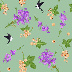 Vector white currant, lavender and swallow on a green background. Seamless pattern. Background design for tea, ice cream, natural cosmetics, candy and bakery, textile.
