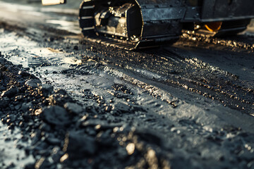 Heavy road equipment repairing the road and laying fresh asphalt, showcasing modern construction and infrastructure maintenance. The scene highlights the machinery, workers, and process involved in ro
