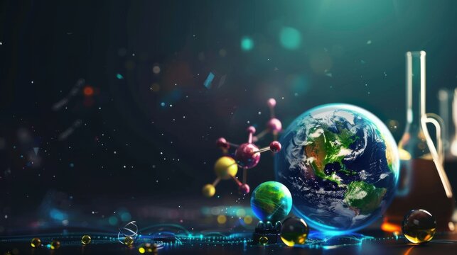 World Science Day for Peace and Development. Flask, molecules and globe on a dark background. Horizontal banner. Free space for text. World youth skills day