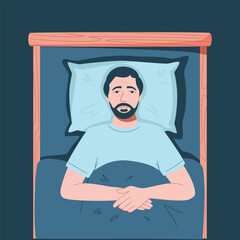 Sleep disorder, insomnia, sleeplessness. Senior tired and exhausted man lying in bed with open eyes in darkness night room. Frustrated person with problem. Character vector illustration in flat style