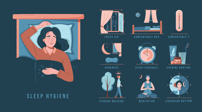 Sleep hygiene set. Young woman sleeping in the bed. Fresh air, comfortable bed, comfortable temperature, darkness, sleep schedule, evening routine, evening walking and meditation, circadian rhythm