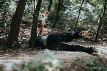 An individual falls while hiking in a forest, showcasing the unpredictable adventures and challenges in nature.