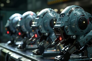 Fototapeta premium Line of robotic heads in a high tech manufacturing environment