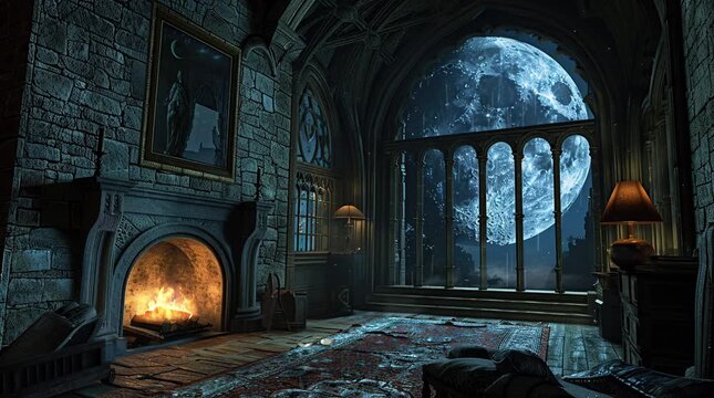 Castle room with a warm fireplace and a full moon glowing through the window, creating a cozy and mystical night scene
 Seamless looping 4k time-lapse virtual video animation Generated AI