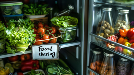 Open refrigerator full of fresh organic vegetables, fruit and jars prepared for food sharing between neighbors or people in need