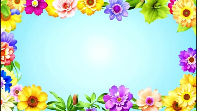 A blue background with a flowery border. The flowers are yellow, pink, and purple