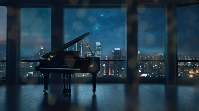 Enjoy the magnificent city view at night from a room with a grand piano. Seamless 4K looping timelapse video animation generated AI