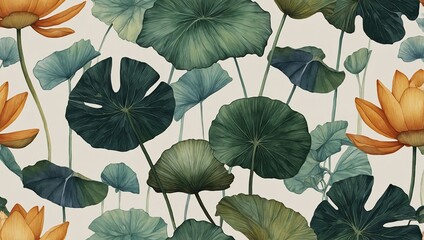 Fototapeta premium Summer tone botanical line art tropical leaves, lotus, ginkgo, watercolor wallpaper