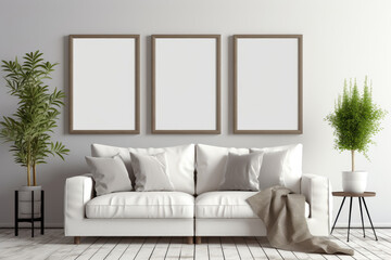 Three Empty Vertical Picture Frames in a Contemporary Living Room With Modern Sofa and Indoor Plants