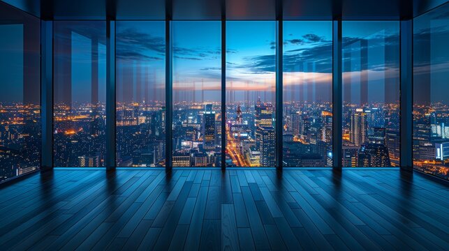 Open, empty space in a tall building, featuring a wide-angle view of the city lights at night through large glass windows