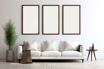 Three Empty Vertical Picture Frames in a Contemporary Living Room With Modern Sofa and Indoor Plants