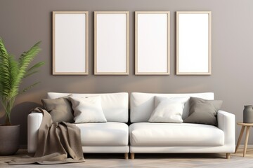 Three Empty Vertical Picture Frames in a Contemporary Living Room With Modern Sofa and Indoor Plants