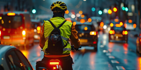 A bicyclist wears a bright yellow vest and flashing lights while riding through heavy traffic.