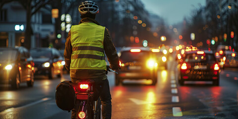 A bicyclist wears a bright yellow vest and flashing lights while riding through heavy traffic.